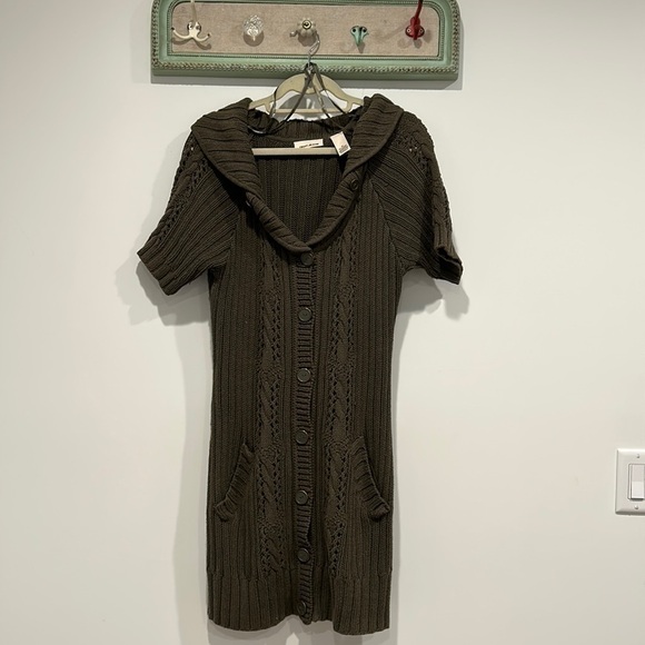 DKNY Jeans short sleeve midi cardigan knit sweater green medium button front - Picture 1 of 10